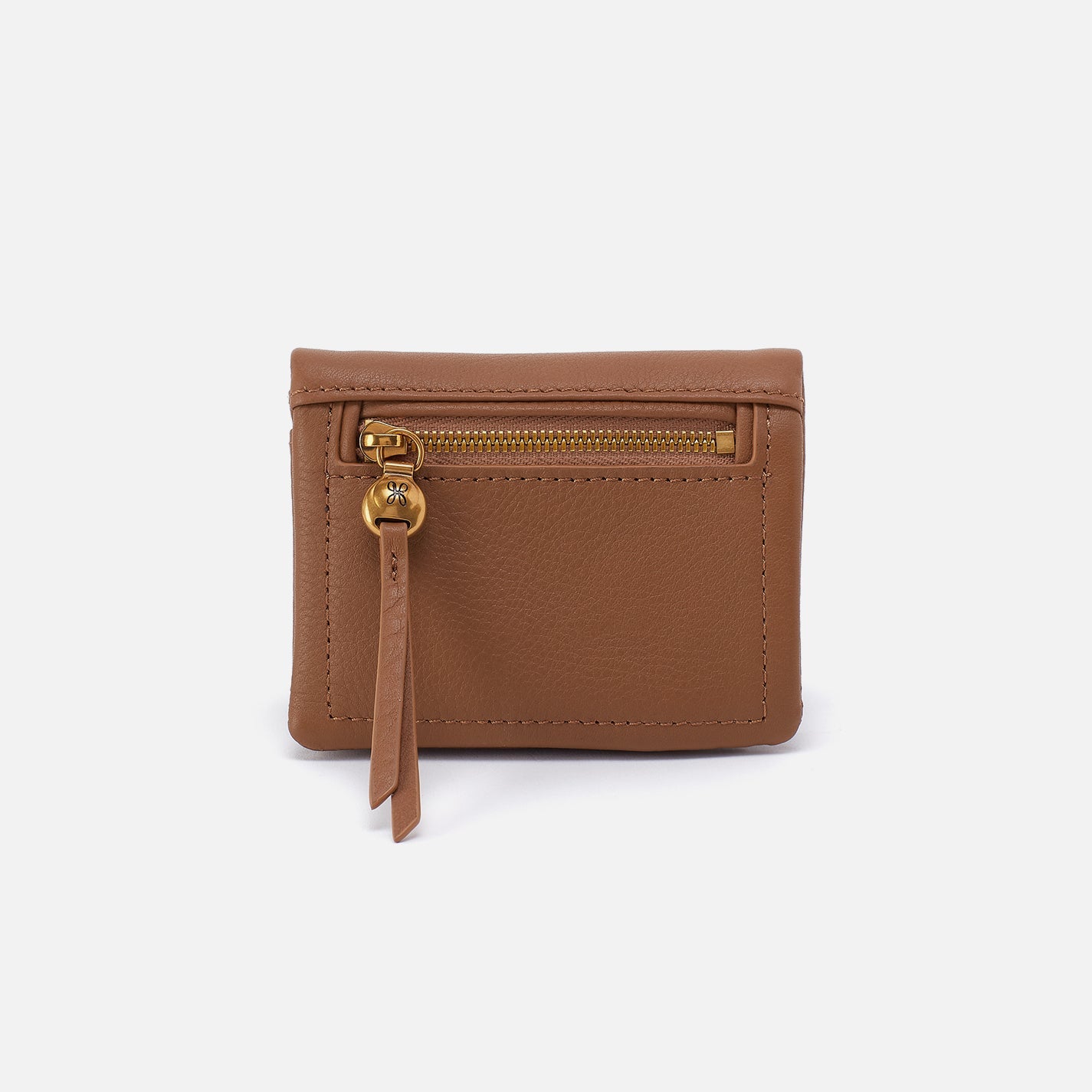 Brown leather wallet with a gold zipper on a white background