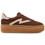 Brown and beige sneaker with a prominent 'M' logo on a white background