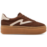 Brown and beige sneaker with a prominent 'M' logo on a white background