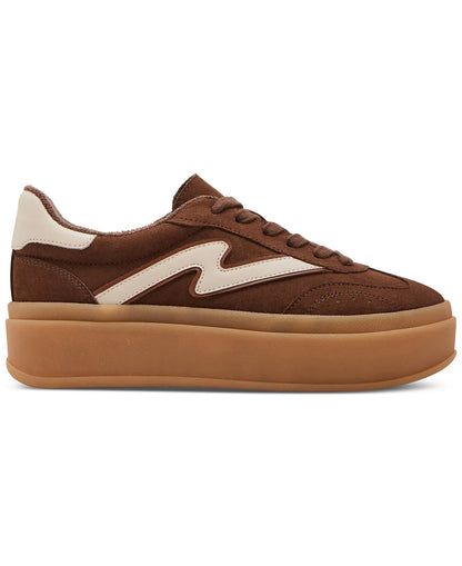 Brown and beige sneaker with a prominent 'M' logo on a white background