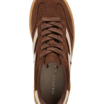 Brown sneaker with white accents on a white background