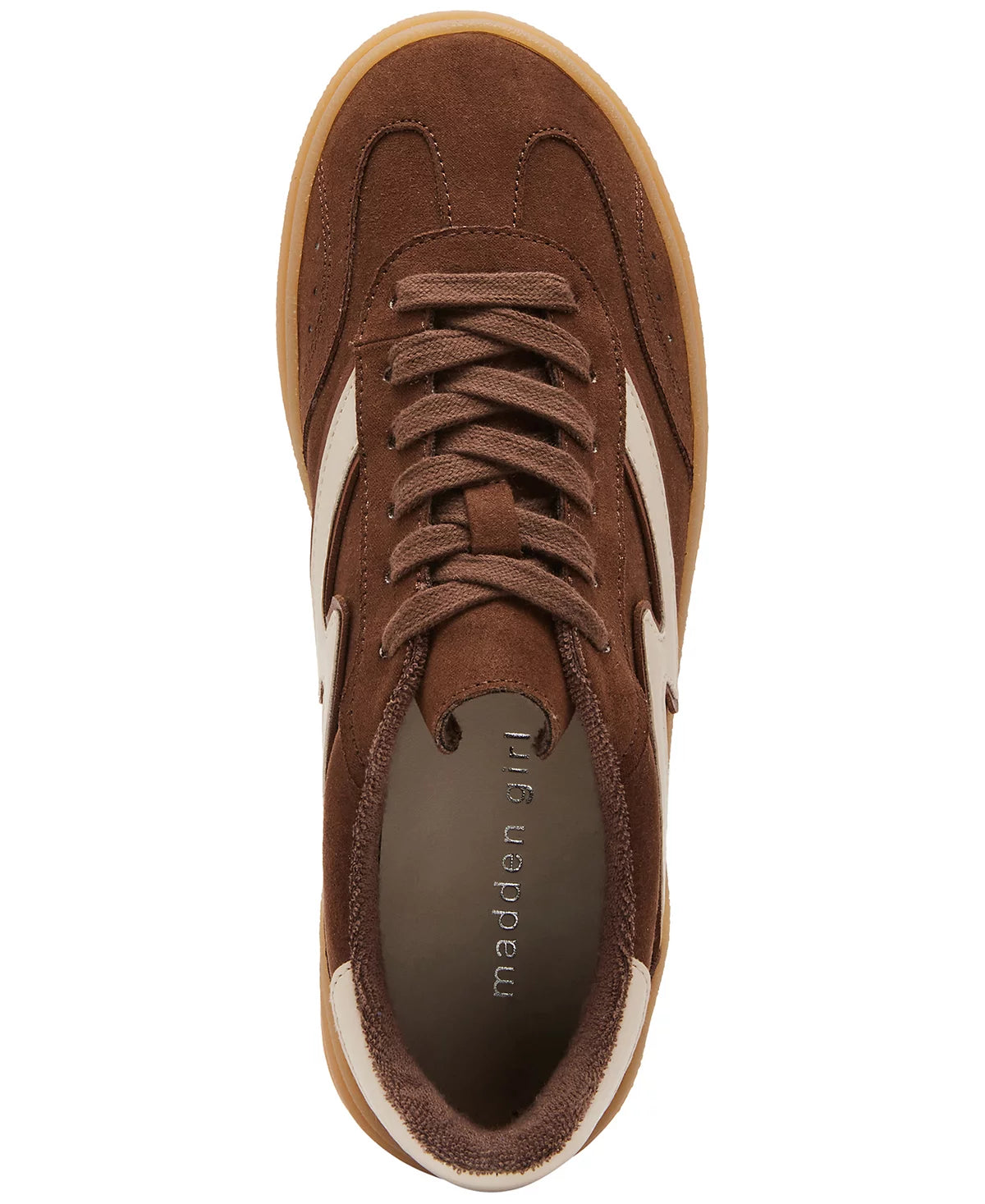 Brown sneaker with white accents on a white background