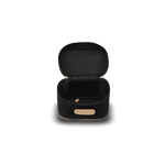 Black travel case with gold accent on a white background