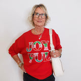 Person wearing a red sweatshirt with 'JOYFUL' text, holding a white bag against a plain background