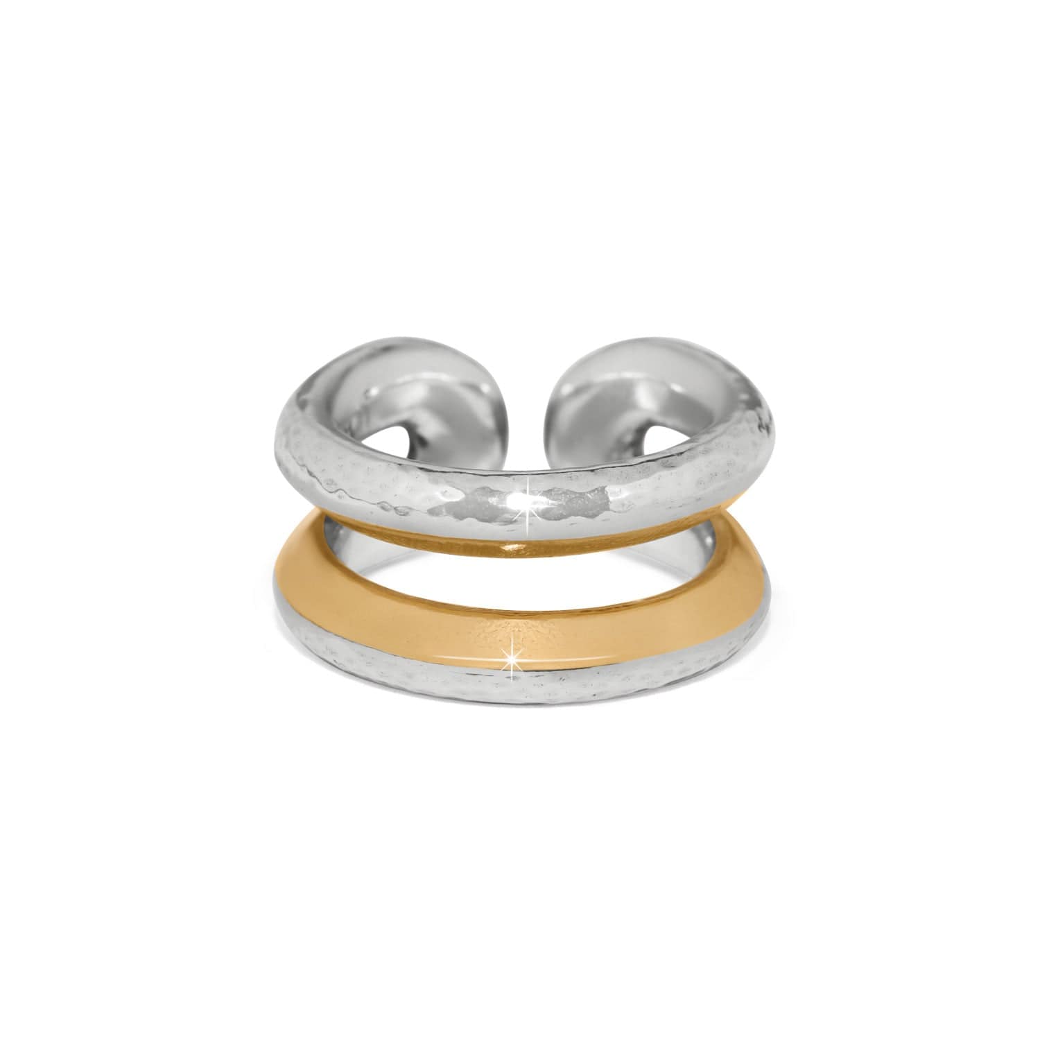 Two rings, one silver and one gold, on a white background
