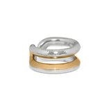 Two rings, one silver and one gold, on a white background