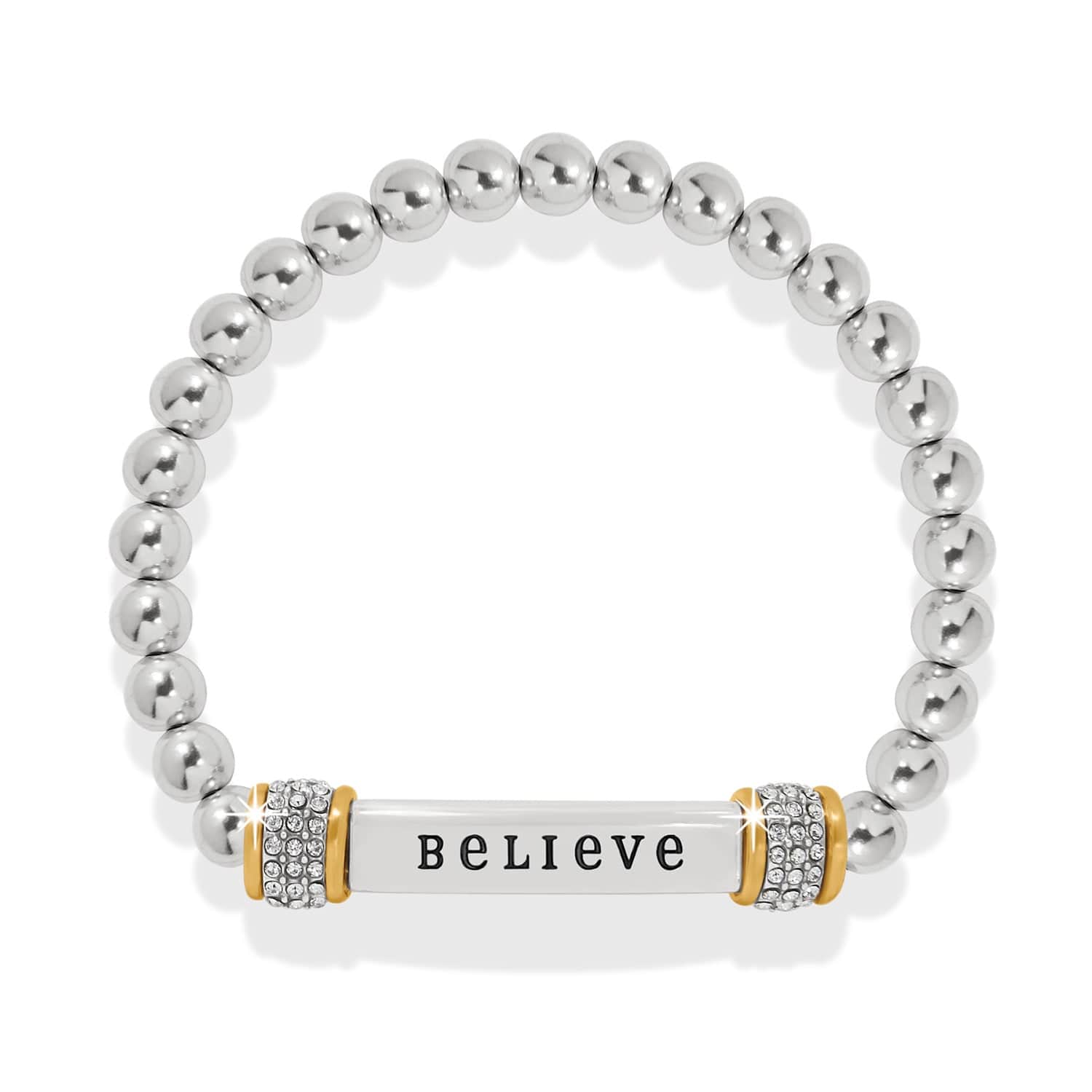 Silver beaded bracelet with a central bar engraved with 'BELIEVE' on a white background