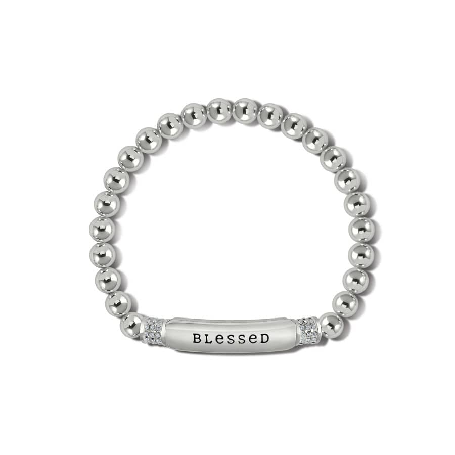Silver beaded bracelet with a 'blessed' tag on a white background