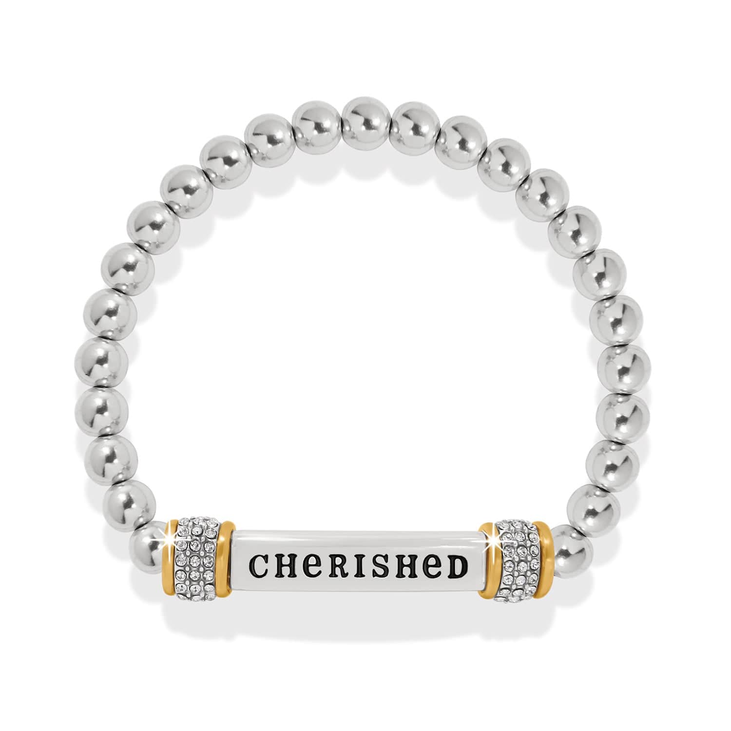Silver beaded bracelet with a central bar engraved with 'CHERISHED' on a white background