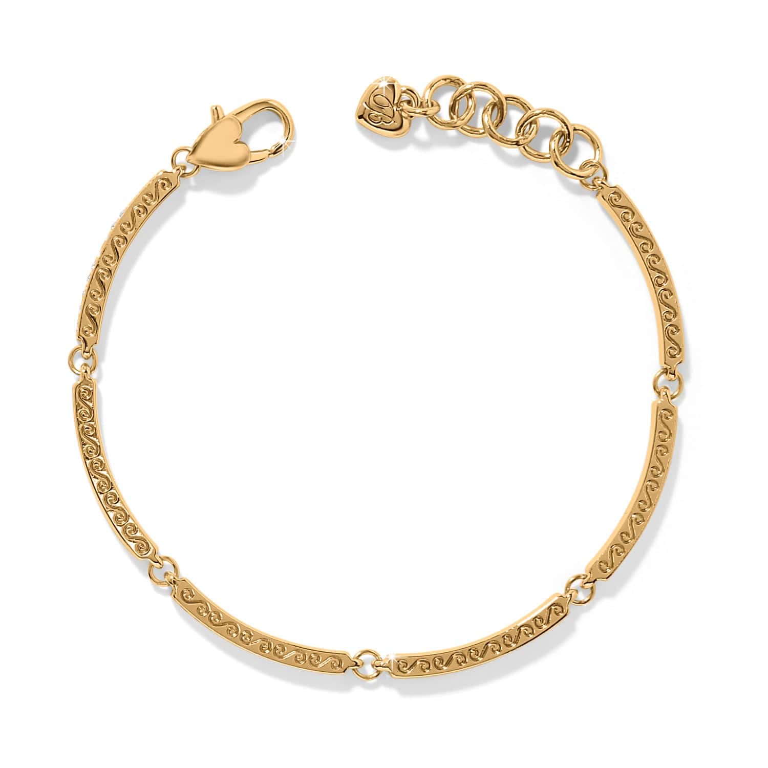 Gold bracelet with intricate design on a white background