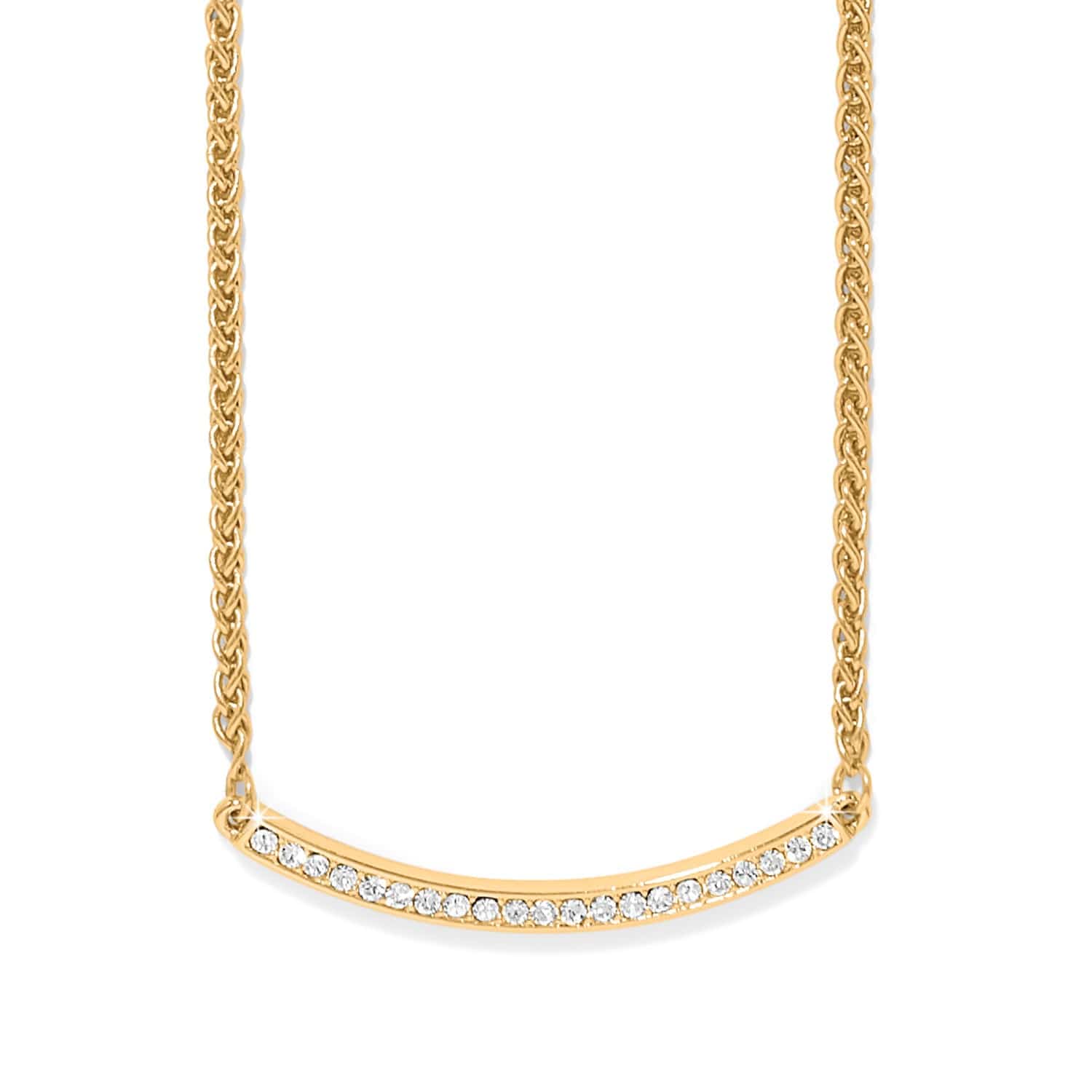 Gold necklace with a curved chain and small diamonds on a white background