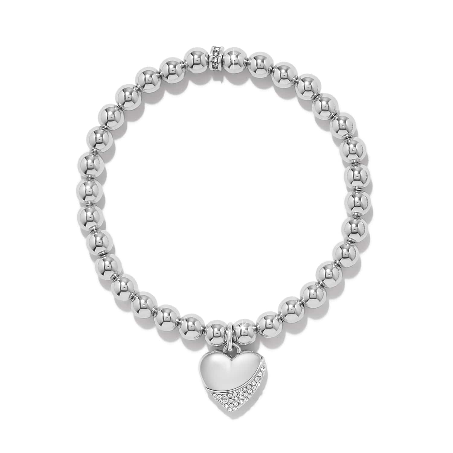Silver beaded bracelet with a heart charm on a white background