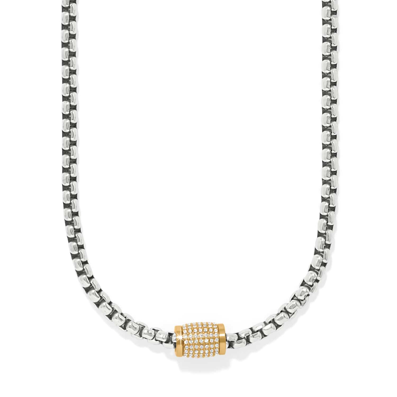 Silver necklace with a gold clasp on a white background
