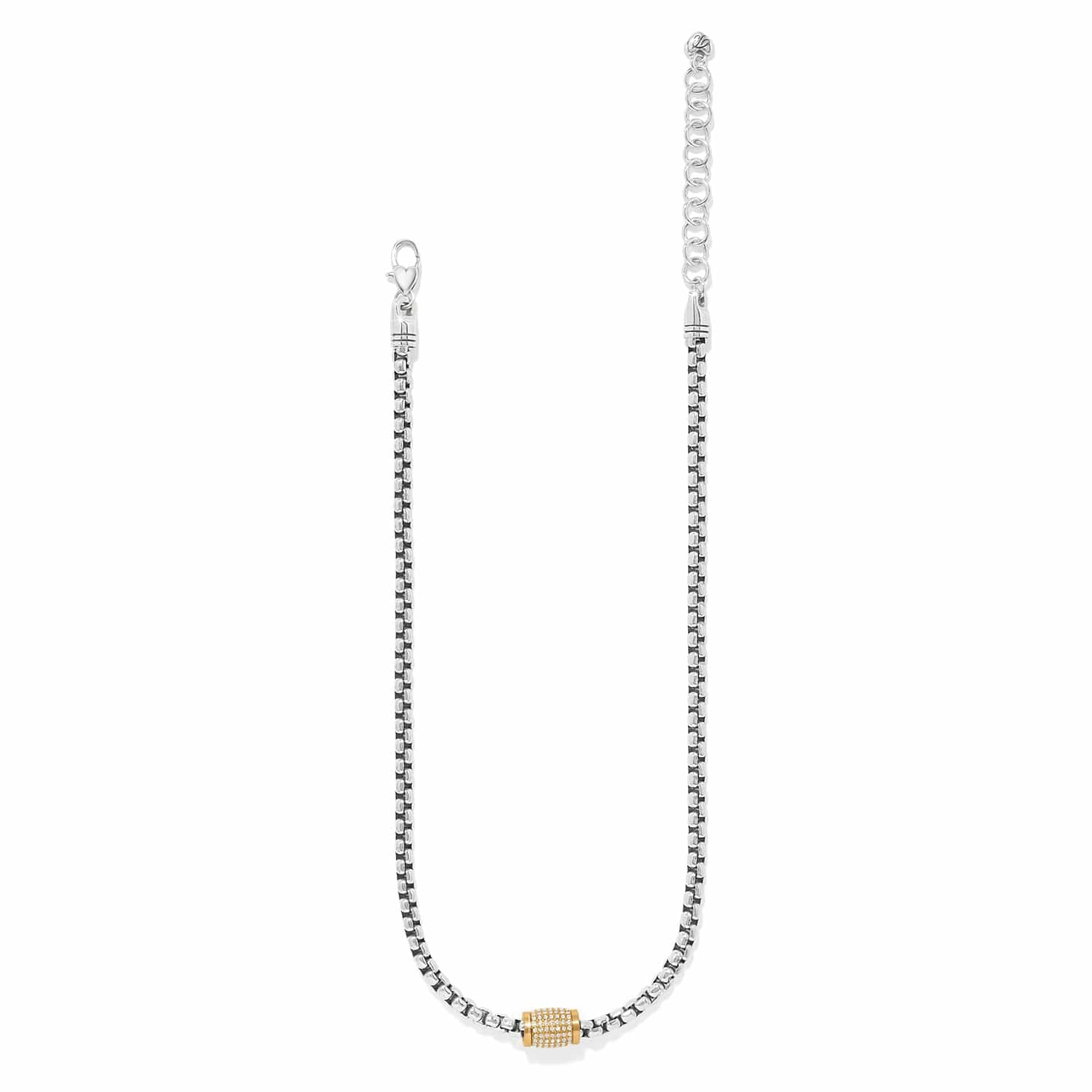 Silver chain necklace with a gold clasp on a white background