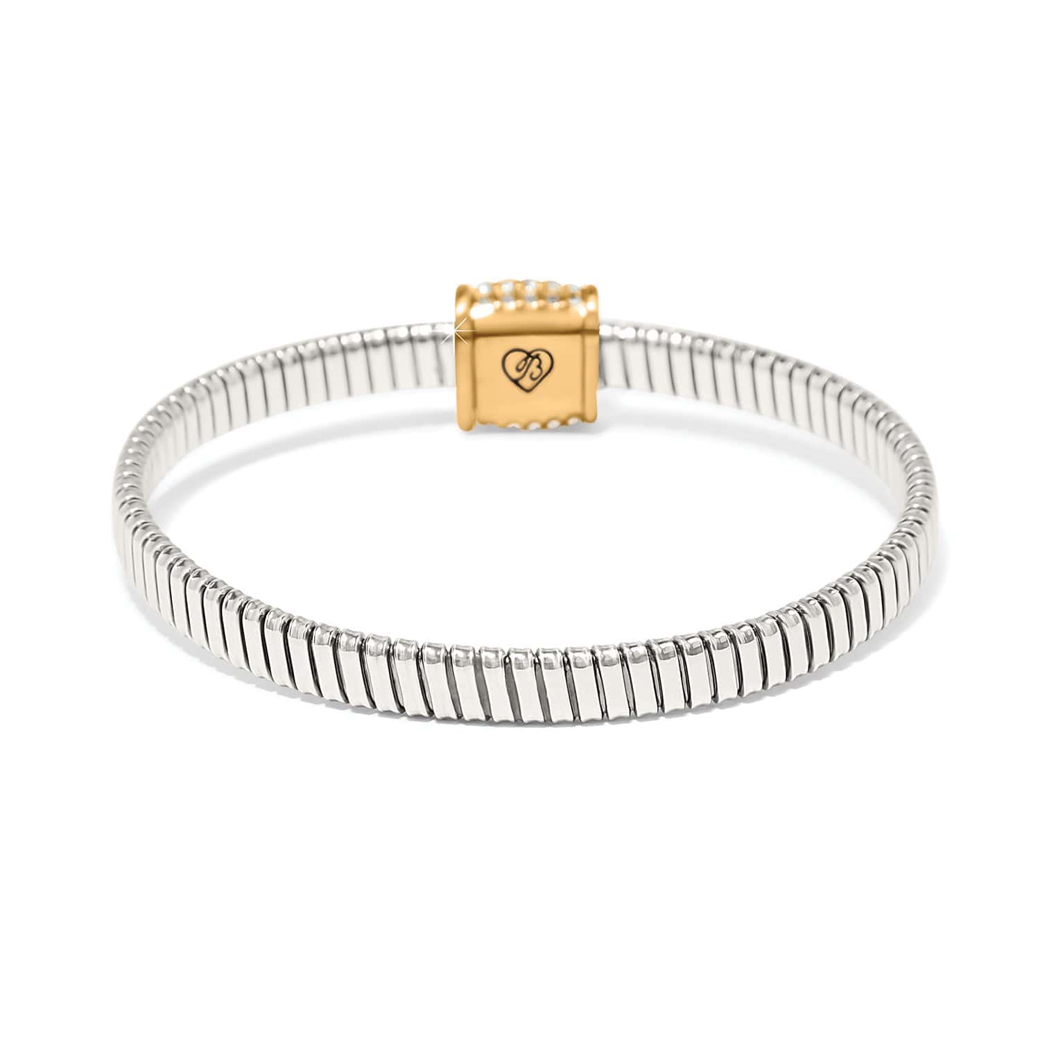 Silver bracelet with a gold clasp on a white background