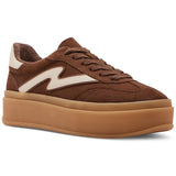 Brown sneaker with a white logo on a white background