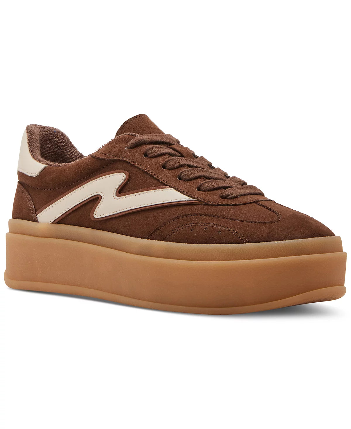 Brown sneaker with a white logo on a white background