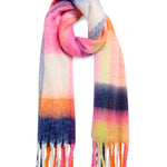 Multicolored striped scarf with tassels on a white background