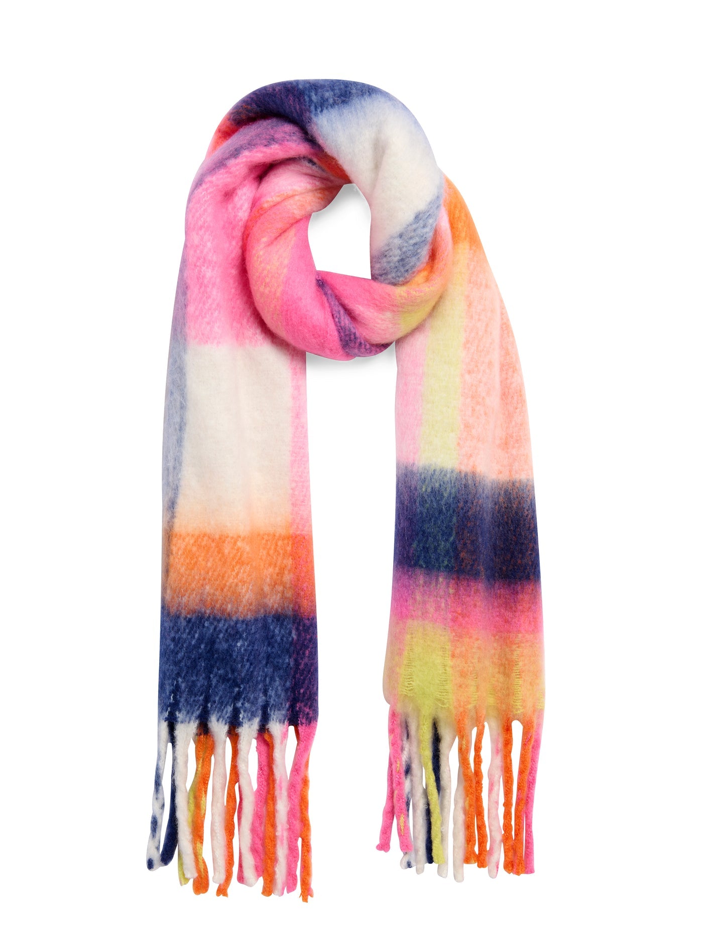 Multicolored striped scarf with tassels on a white background