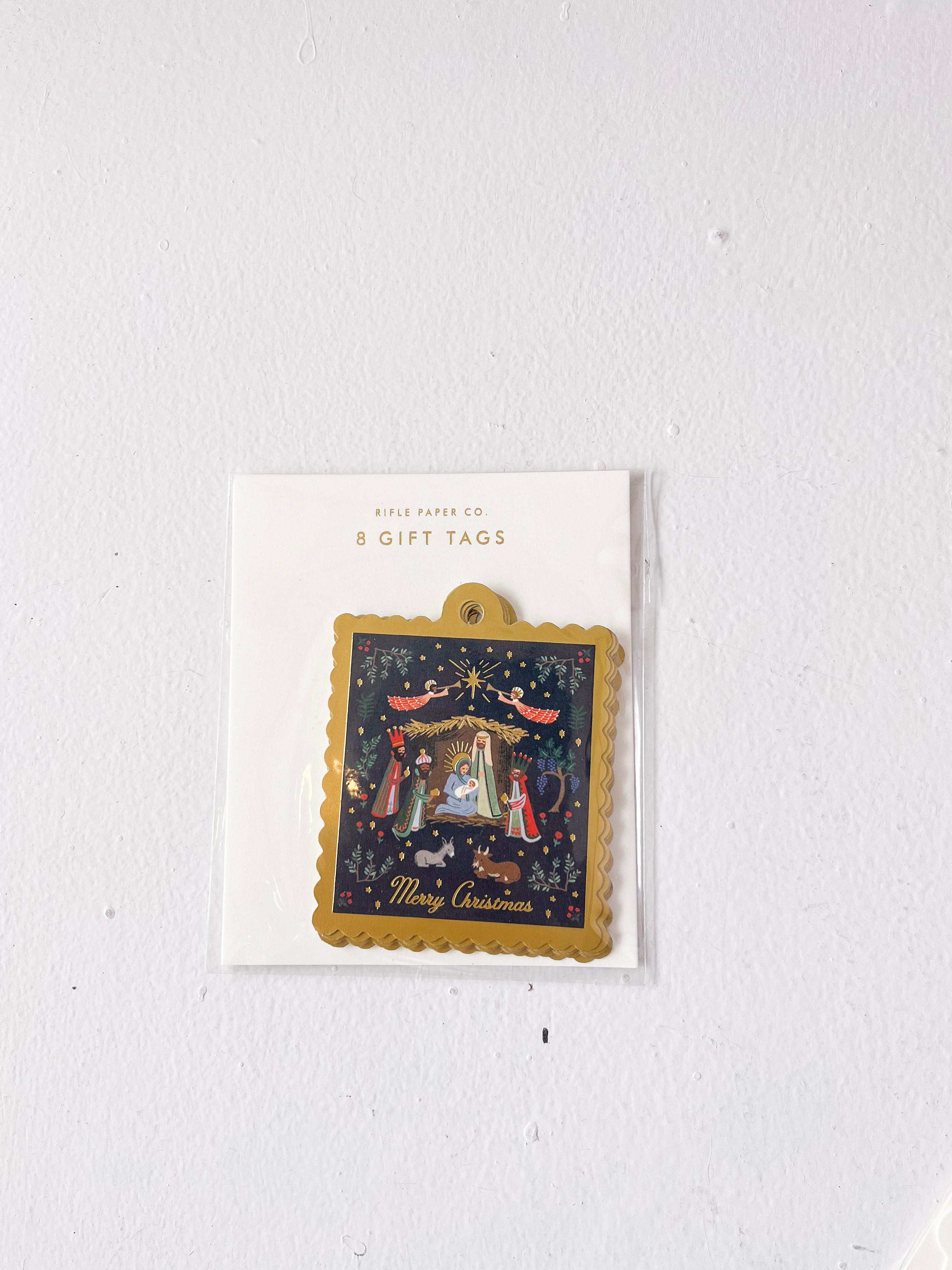 Pack of Christmas gift tags with a nativity scene design on a white background