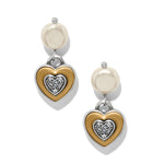 Heart-shaped earrings with gold and silver accents on a white background