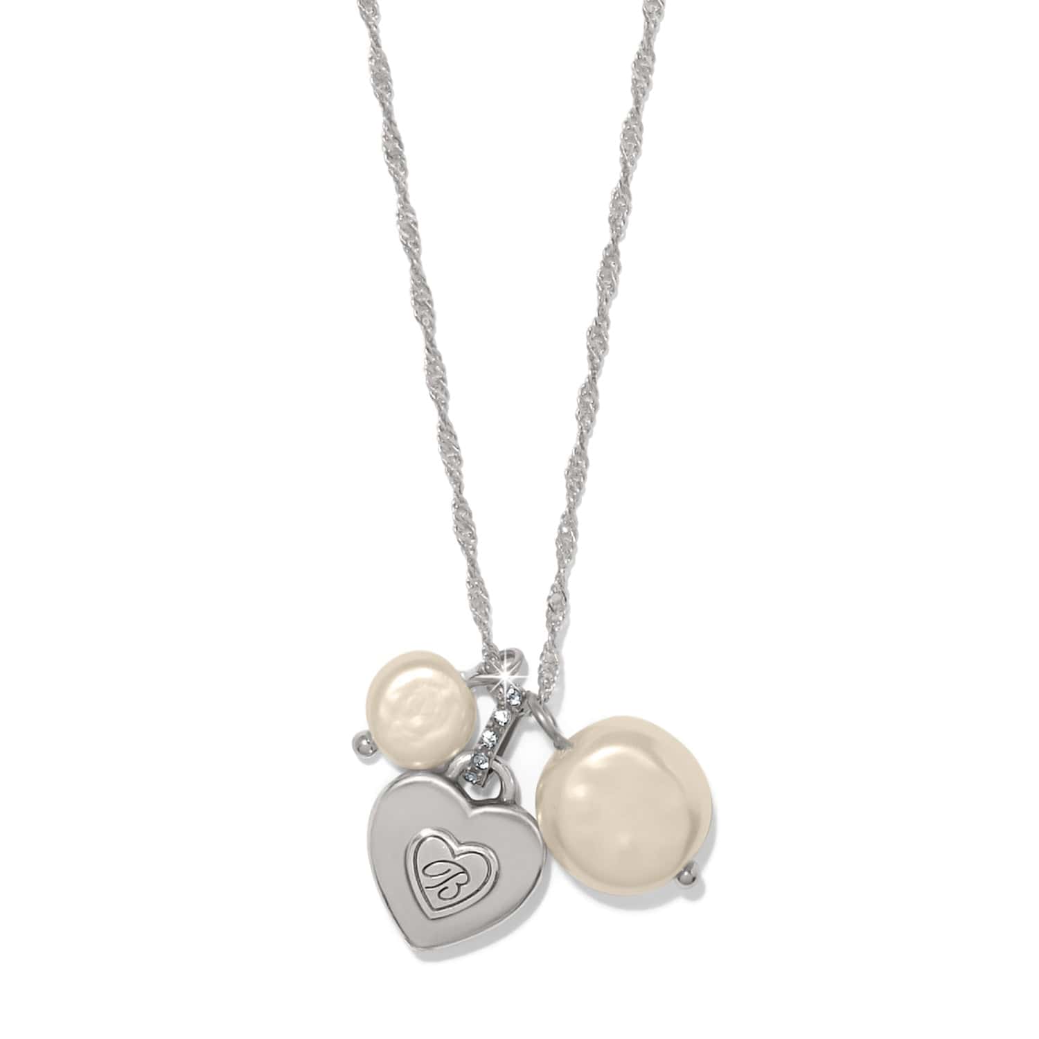Necklace with heart-shaped charm and two pearls on a white background