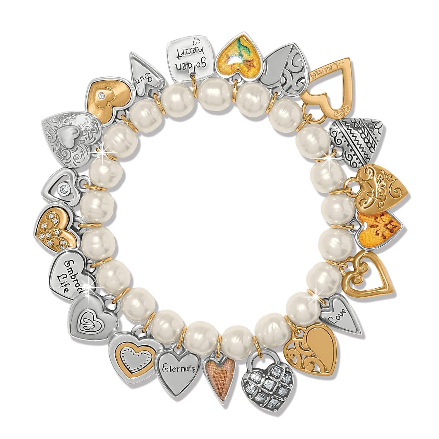 Bracelet with heart-shaped charms and pearls on a white background