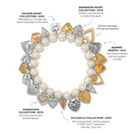 Bracelet with heart-shaped charms and pearl beads, featuring various collections and designs.