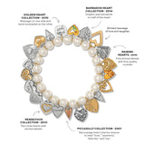 Bracelet with heart-shaped charms and pearl beads, featuring various collections and designs.