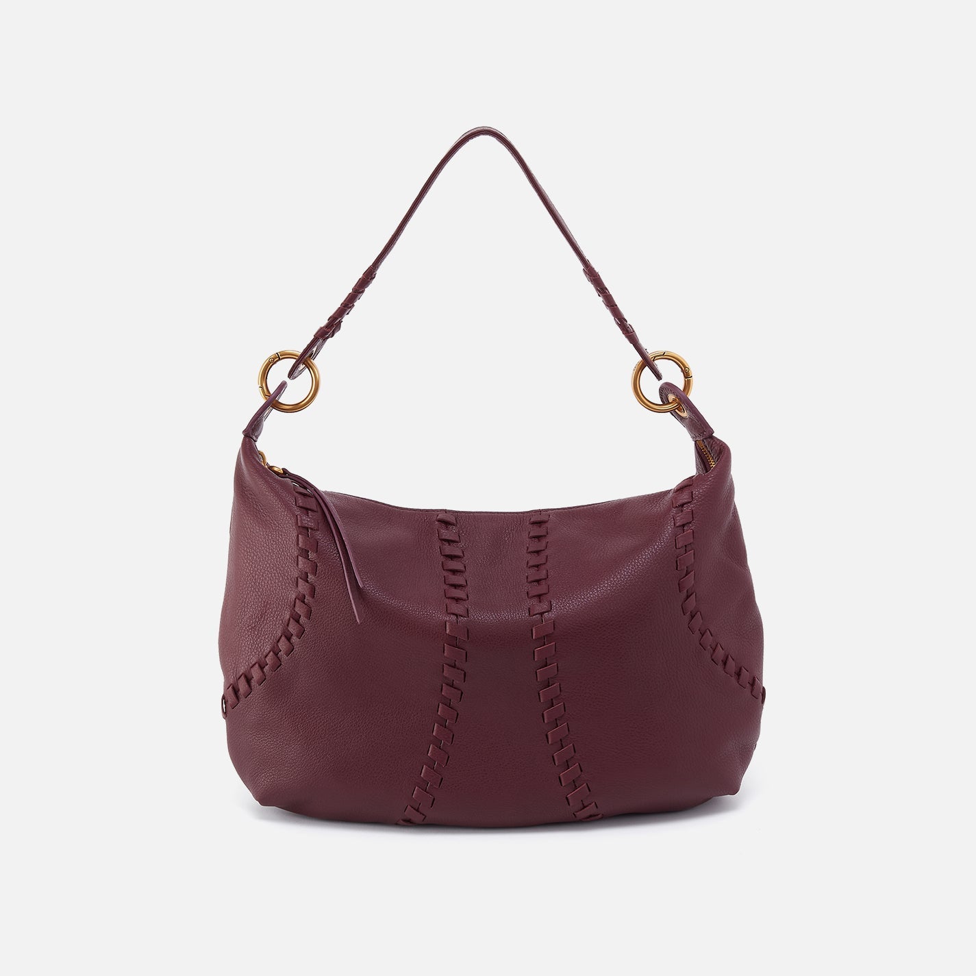 Maroon handbag with gold accents on a white background