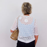 Person wearing a white lace top with a plain background