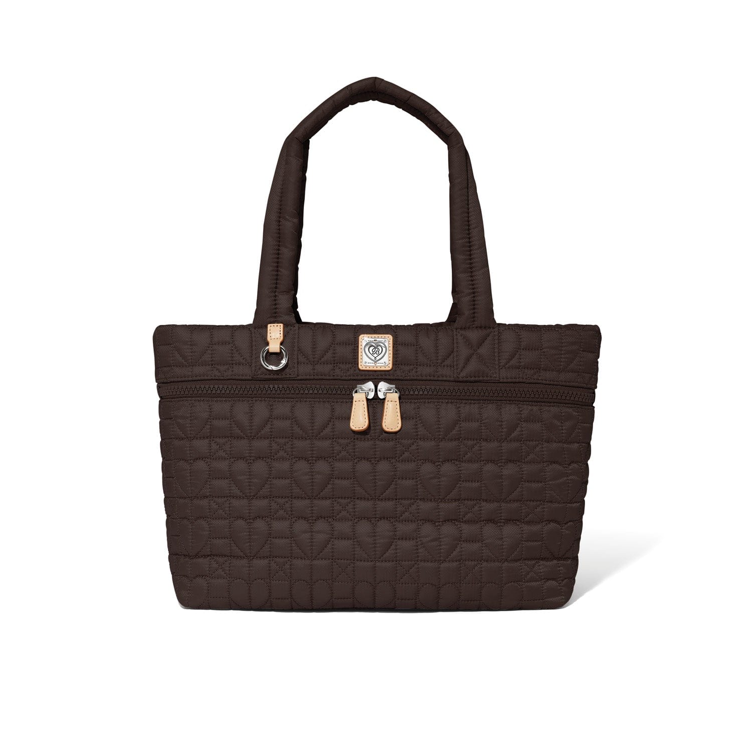 Brown quilted tote bag with heart patterns on a white background