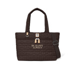 Brown quilted tote bag with 'Be Happy Always' text on a white background