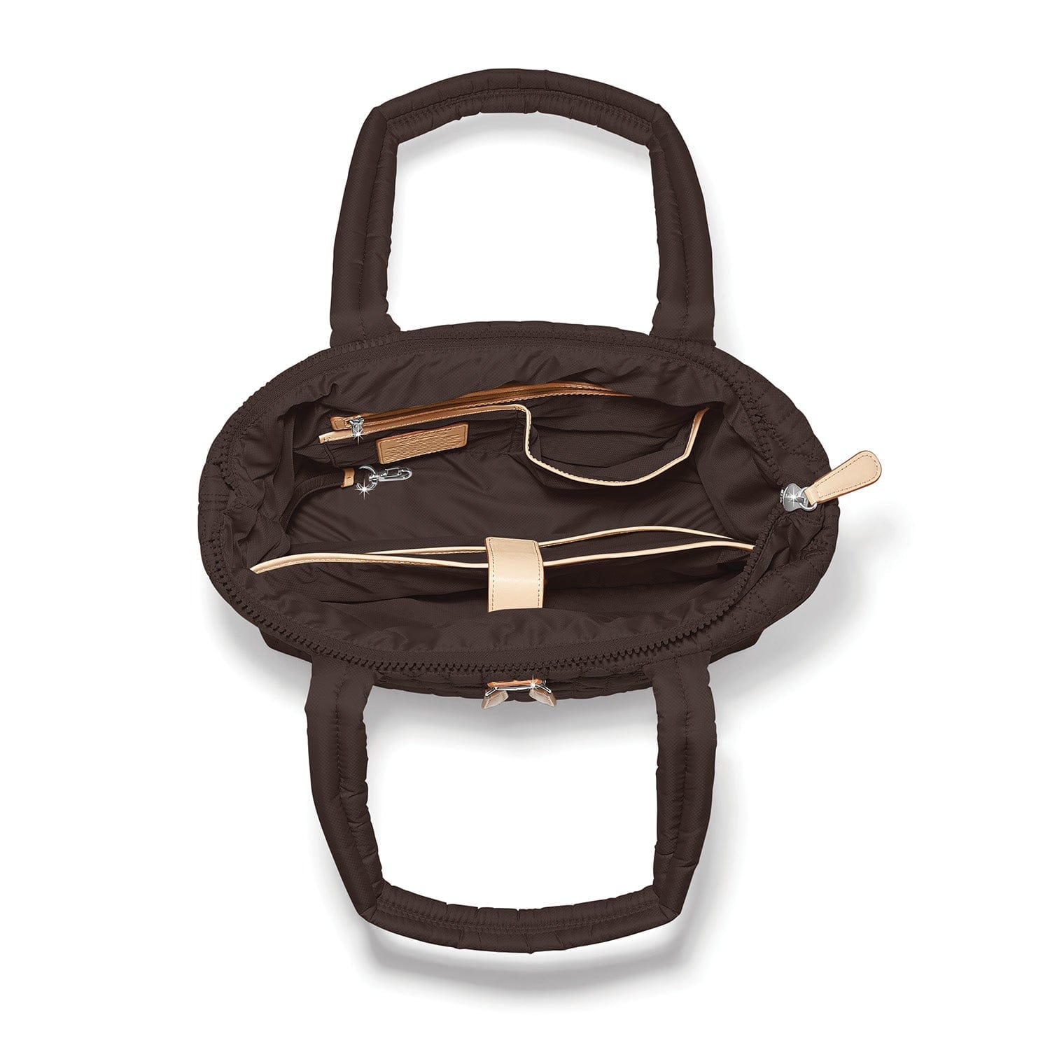 Brown bag with interior compartments on a white background