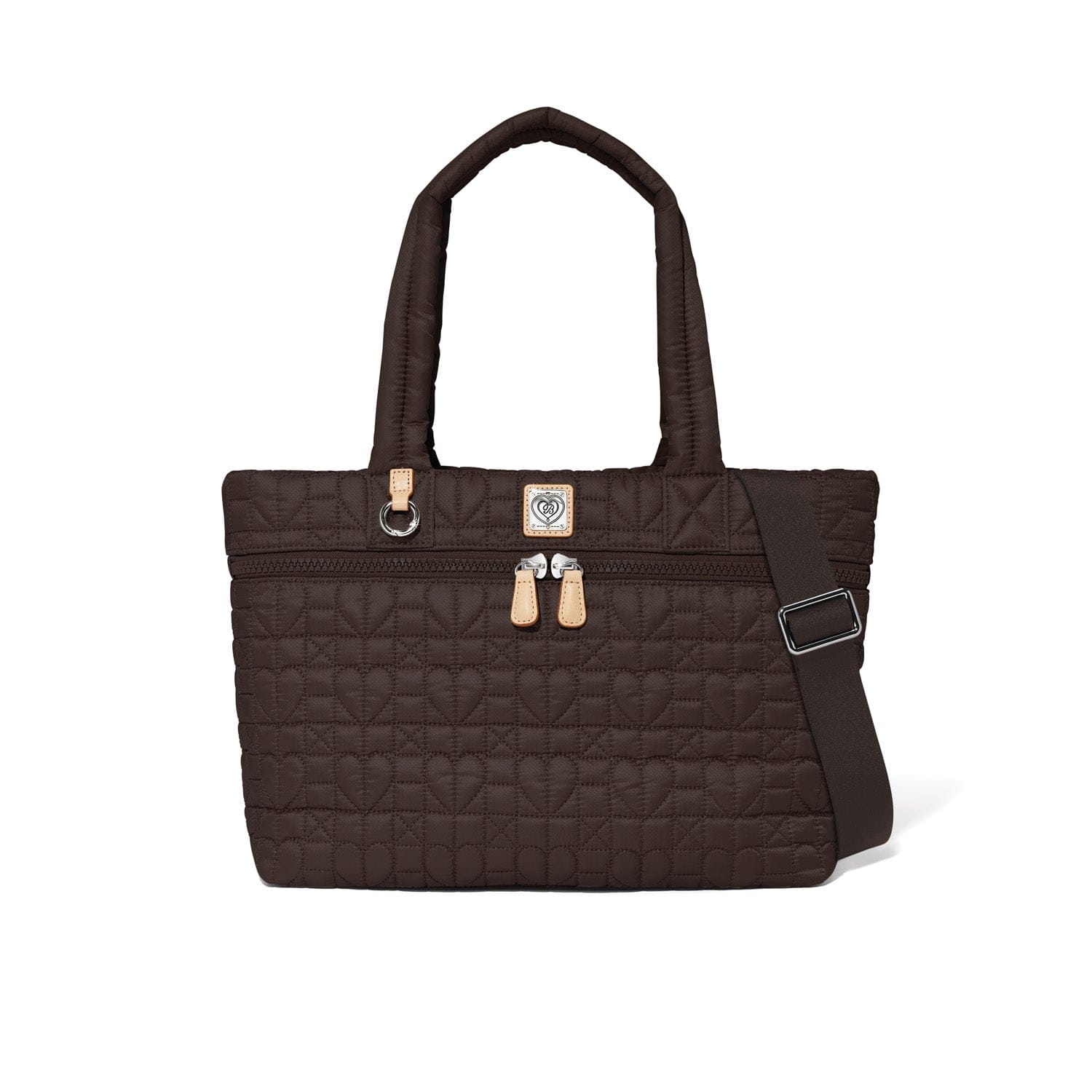 Brown quilted handbag with heart patterns on a white background