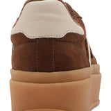 Brown and beige sneaker with a thick sole on a white background