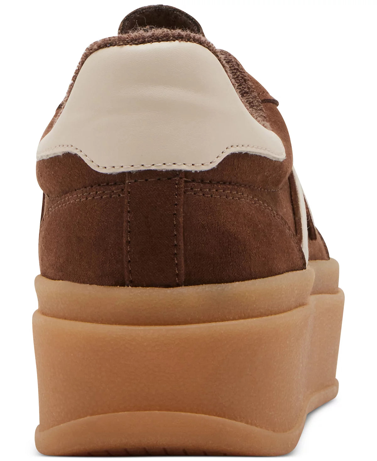 Brown and beige sneaker with a thick sole on a white background