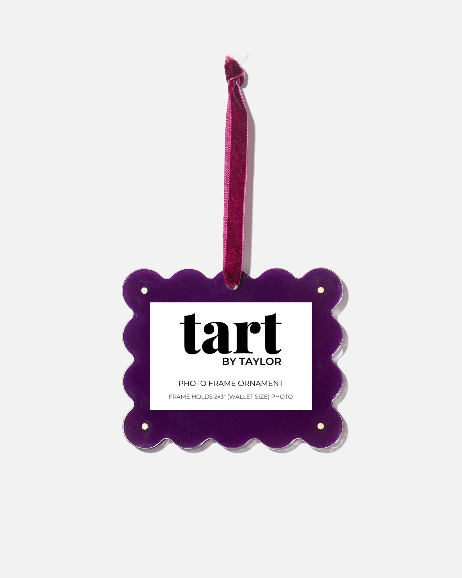 Purple photo frame ornament with 'tart by Taylor' branding on a white background