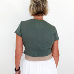 Person wearing a green top and white skirt against a white background