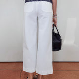 A person shown from the back wearing white wide-leg cropped pants, a navy patterned top, and black sandals, holding a black handbag against a plain light wall and terracotta floor.