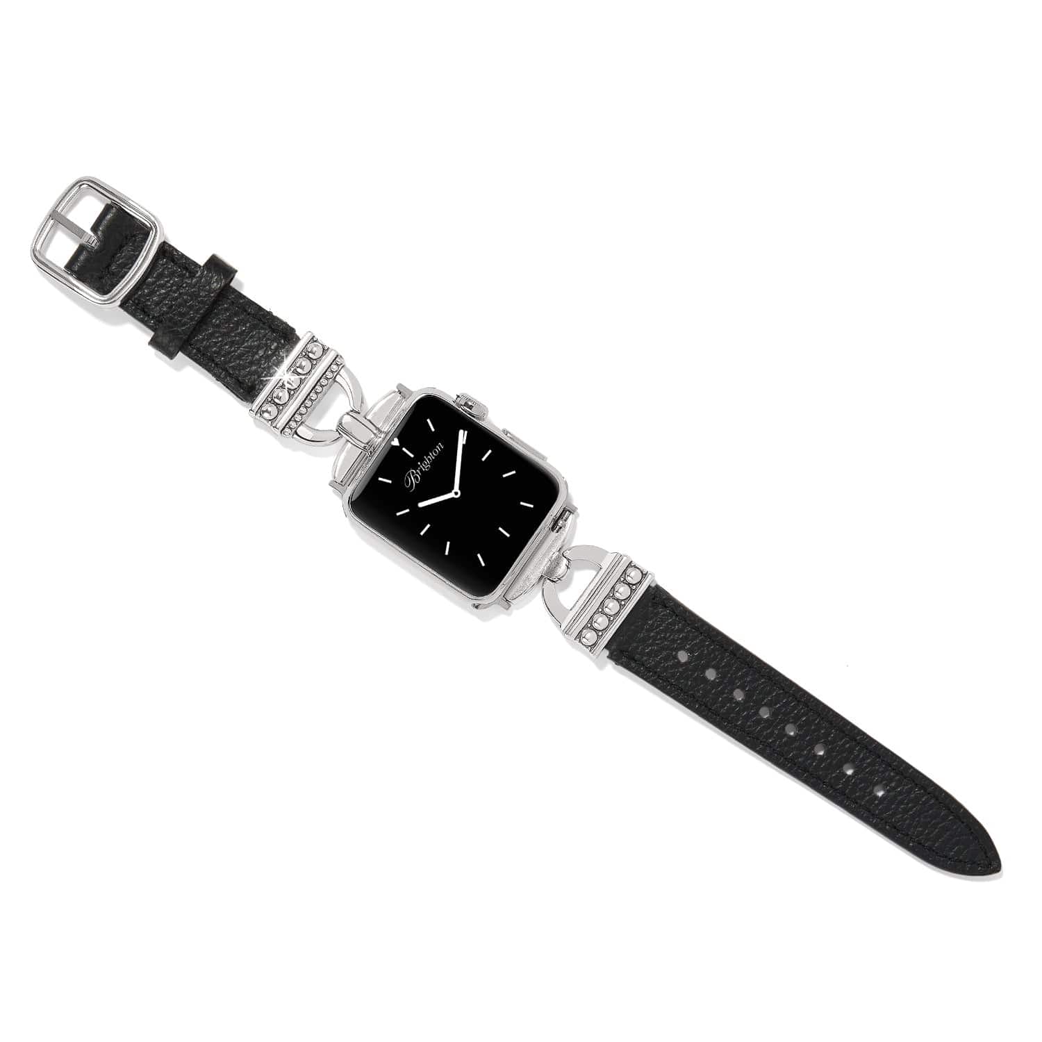 Watch with black strap and silver case on a white background