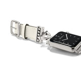 Silver watch with black face and white strap on a white background