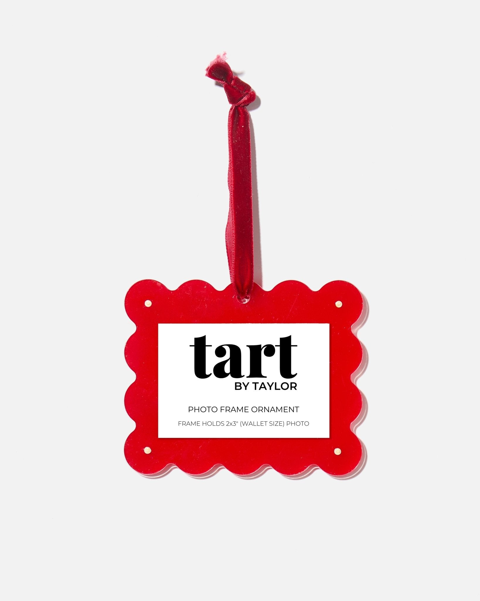Red photo frame ornament with 'tart by Taylor' branding on a white background