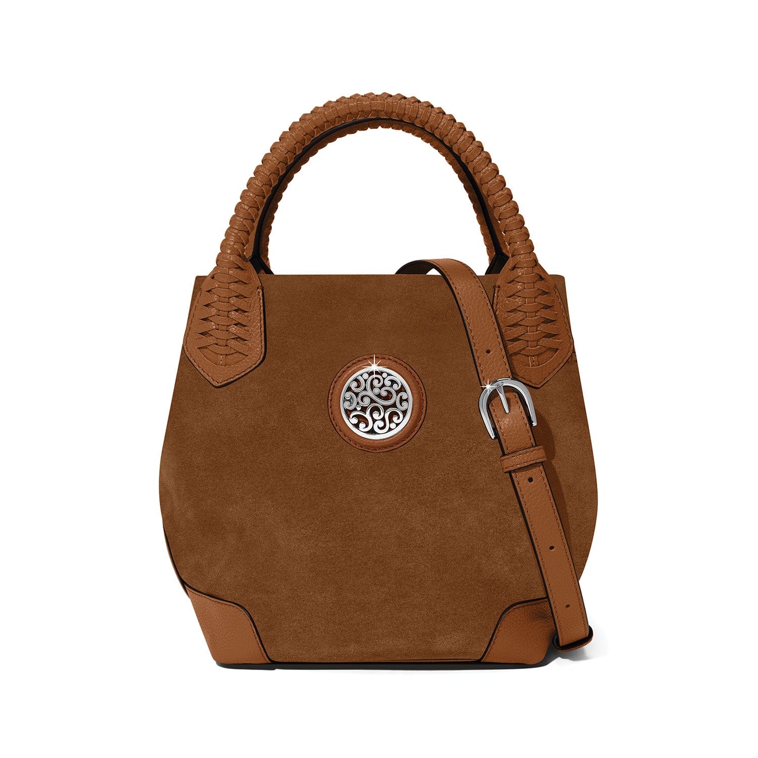 Brown handbag with braided handle and decorative emblem on a white background