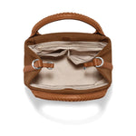 Brown handbag with beige interior on a white background