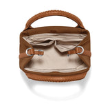 Brown handbag with beige interior on a white background