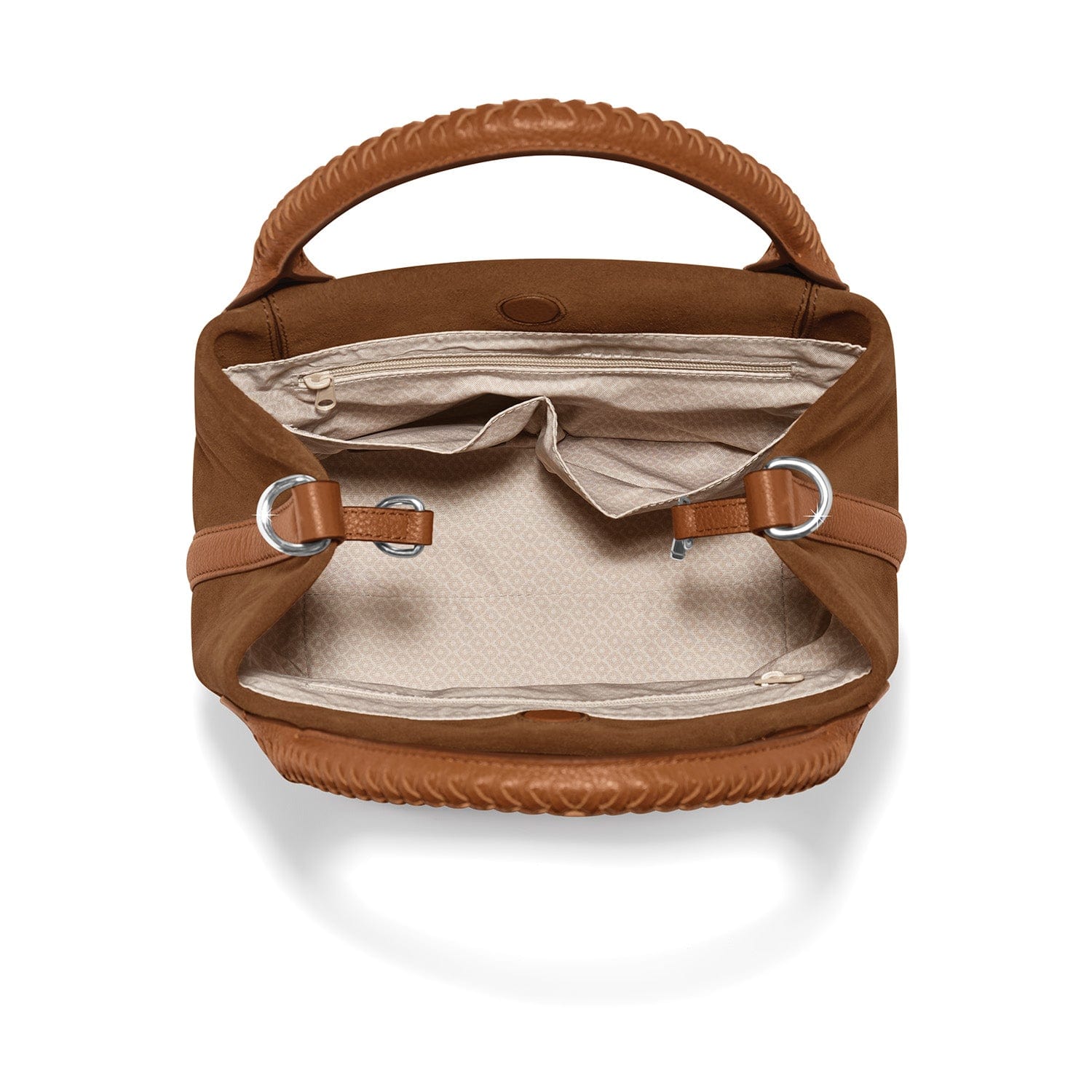 Brown handbag with beige interior on a white background