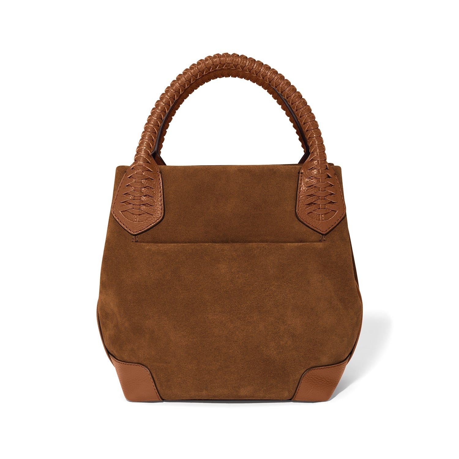 Brown handbag with braided handle on a white background