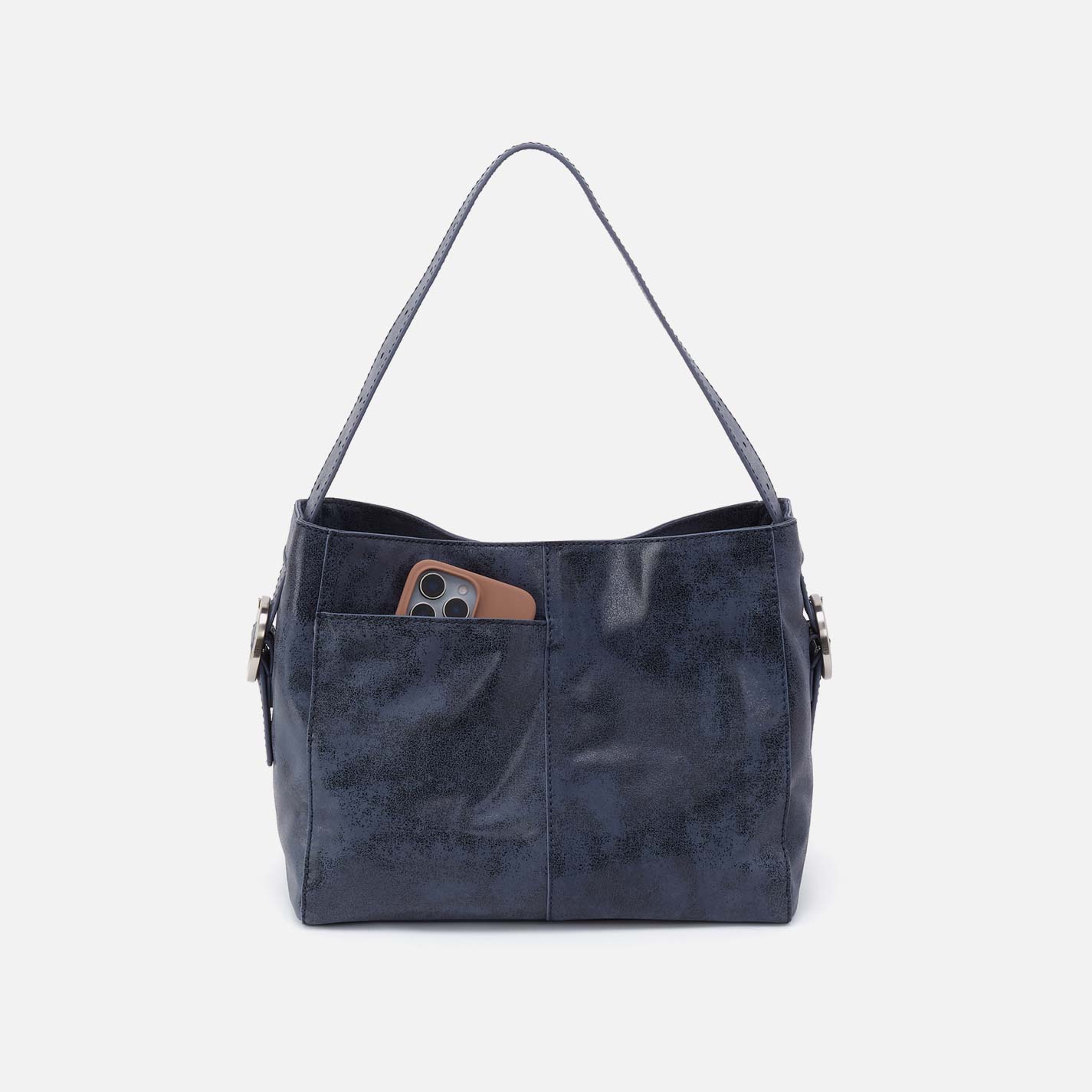 Blue handbag with a pocket on a white background