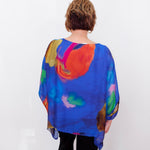 Person wearing a colorful, sheer blouse with a white background